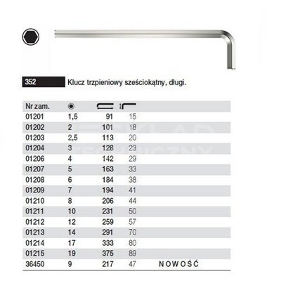 Hexagonal long pin wrench 352 10 231/50mm Wiha 01211.