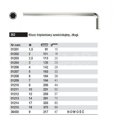 Klucz trzpieniowy sześciokątny długi 352 10 231/50mm Wiha 01211