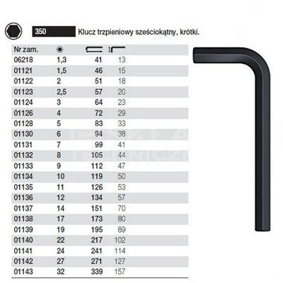 Short Hexagonal Pin Wrench 350 1.5 46/15mm Wiha 01121.