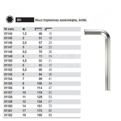 Klucz trzpieniowy sześciokątny krótki 351 1,5 46/15mm Wiha 01144