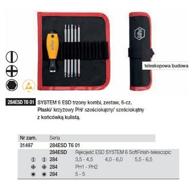 SoftFinish-Telescopic ESD SYSTEM 6 284ESDT601 6pc. Wiha 31497 is a set of SoftFinish-Telescopic ESD SYSTEM 6 284ESDT601 handles 