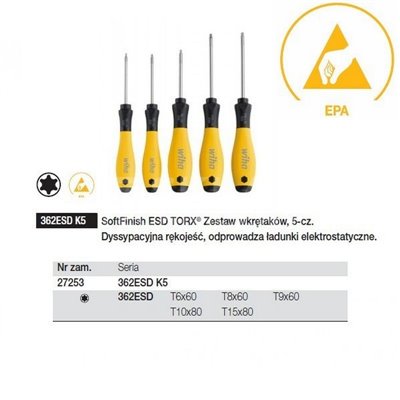 Torx SoftFinish ESD screwdriver set 362ESDK5 5pcs. Wiha 27253.