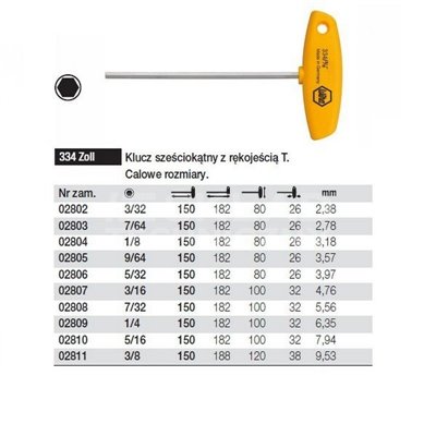 Hex key with T-handle. Classic 334Zoll 9/64'' 150mm Wiha 02805.