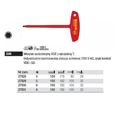 Hexagon VDE screwdriver key T. Classic 334N 6 150mm Wiha 27930.