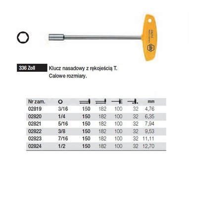 Socket wrench with T-handle. Classic 336Zoll 5/16'' 150mm Wiha 02821.