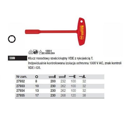 Hexagonal VDE T-handle wrench Classic 336N 10 230mm Wiha 27933.