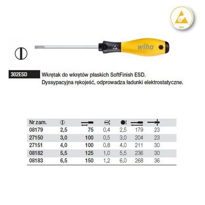 Flat SoftFinish ESD screwdriver 302ESD 4.0 100mm Wiha 27151.