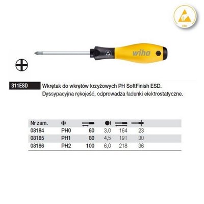 Phillips SoftFinish ESD Screwdriver 311ESD PH2 100mm Wiha 08186.