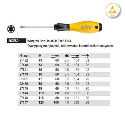 Wkrętak Torx SoftFinish ESD 362ESD T4 60mm Wiha 27148