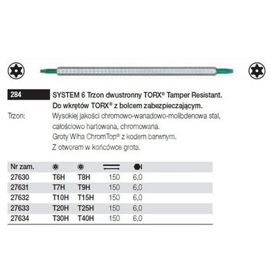 Trzon dwustronny Torx Tamper Resistant SYSTEM 6 284 T6H-T8H 150mm Wiha 27630