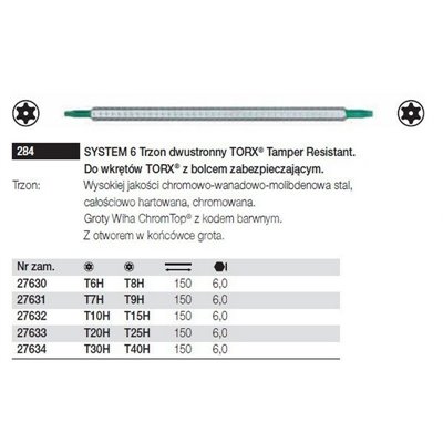 Double-sided Tamper Resistant Torx SYSTEM 6 284 Shaft T10H-T15H 150mm Wiha 27632.