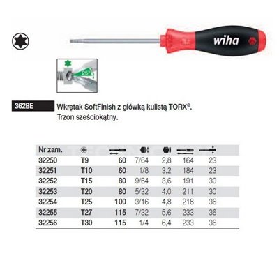 Torx SoftFinish 362BE T15 80mm Wiha 32252 screwdriver with a ball-shaped head.