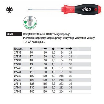 Torx MagicSpring SoftFinish Screwdriver 362R T9 60mm Wiha 27739.