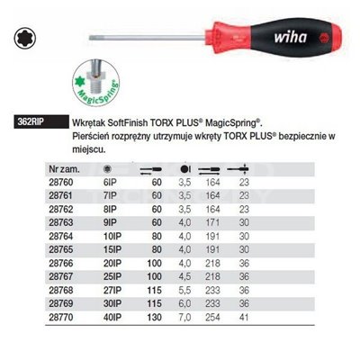 Torx Plus MagicSpring SoftFinish Screwdriver 362RIP 15IP 80mm Wiha 28765.