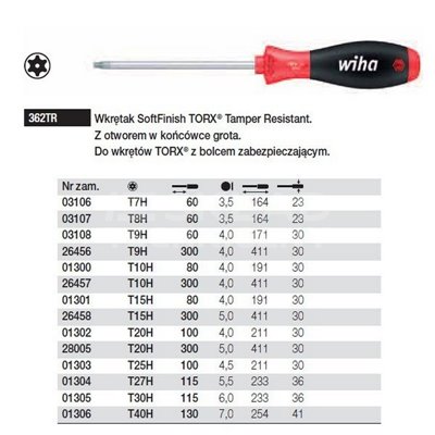 Wkrętak Torx Tamper Resistant SoftFinish 362TR T25H 100mm Wiha 01303
