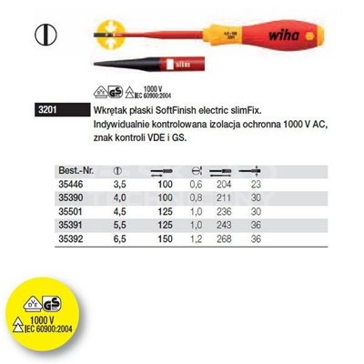 Wkrętak płaski SoftFinish electric slimFix VDE 3201 4,5 125mm Wiha 35501