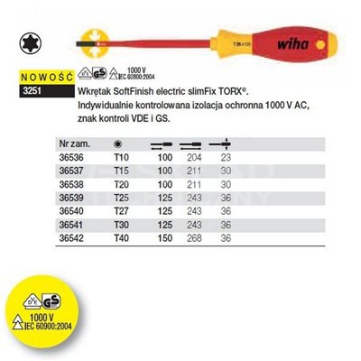 Torx SoftFinish electric slimFix VDE screwdriver 3251 T15 100mm Wiha 36537.