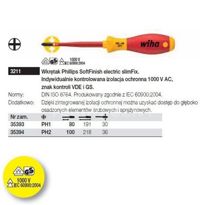 Phillips SoftFinish electric slimFix VDE 3211 PH2 100mm screwdriver by Wiha 35394.