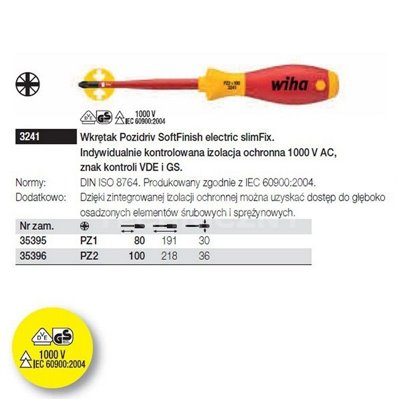 Pozidriv SoftFinish electric slimFix VDE 3241 PZ1 80mm screwdriver from Wiha 35395.