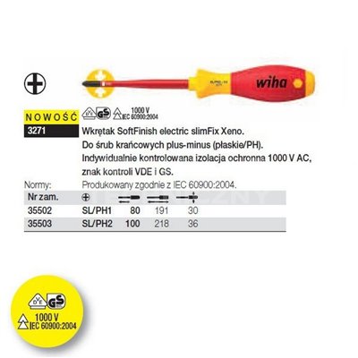 Wkrętak płaski/Phillips SoftFinish electric slimFix Xeno VDE 3271 SL/PH1 80mm Wiha 35502