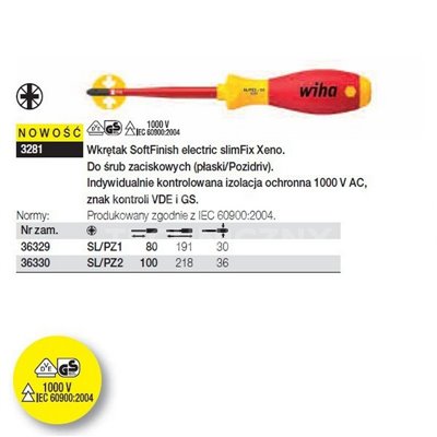 Flat/Pozidriv SoftFinish electric slimFix Xeno VDE 3281 SL/PZ1 80mm screwdriver by Wiha 36329.