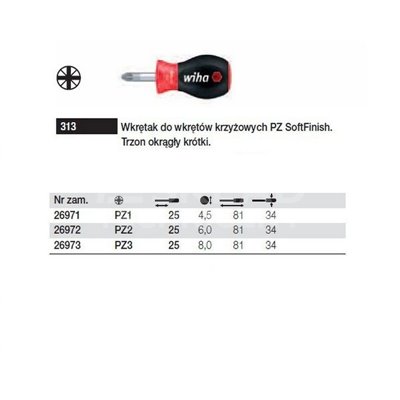 Pozidriv SoftFinish Stubby Screwdriver 313 PZ1 25mm Wiha 26971.