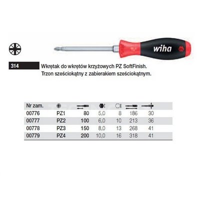 Phillips SoftFinish Screwdriver 314 PZ1 80mm Wiha 00776