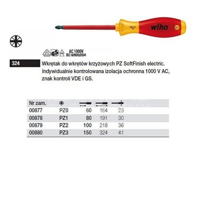 SoftFinish electric VDE Pozidriv screwdriver 324 PZ0 60mm Wiha 00877.