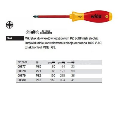 Pozidriv SoftFinish electric VDE screwdriver 324 PZ3 150mm Wiha 00880.
