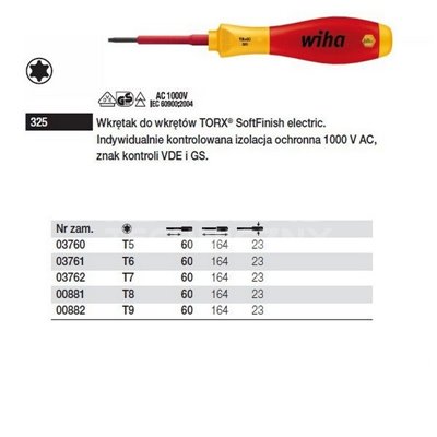 Torx SoftFinish Electric VDE Screwdriver 325 T6 60mm Wiha 03761.