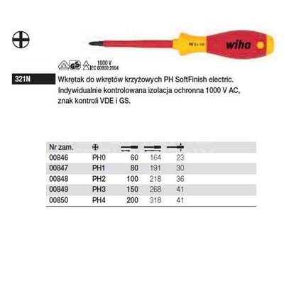 Phillips SoftFinish electric VDE screwdriver 321N PH0 60mm Wiha 00846.