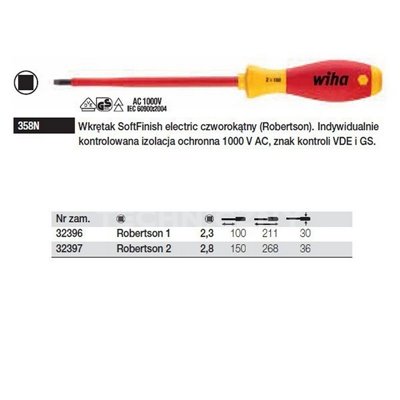 SoftFinish electric VDE Robertson square screwdriver 358N 2.8 150mm Wiha 32397.