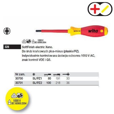 Flat/Pozidriv SoftFinish electric Xeno VDE 328 SL/PZ2 100mm screwdriver by Wiha 30701.