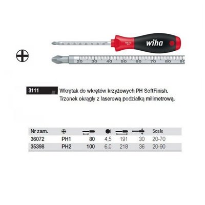 SoftFinish 3111 PH1 Phillips Screwdriver 80mm Wiha 36072 with Scale