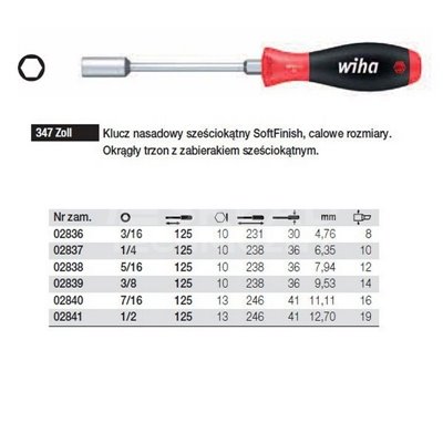 SoftFinish 347Zoll 3/16'' 125mm hexagonal inch socket wrench by Wiha 02836.