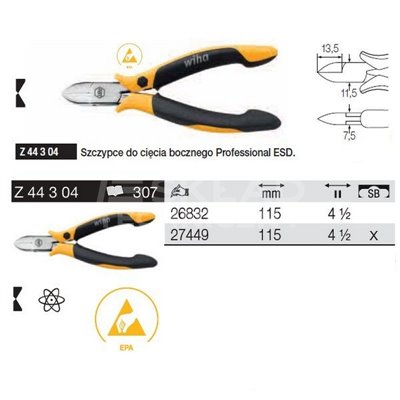 Professional ESD Side Cutter Pliers Z44304 115mm in Wiha 27449 blister pack.