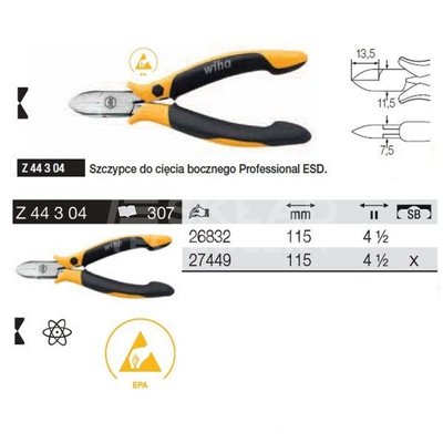 Szczypce do cięcia bocznego Professional ESD Z44304 115mm w blistrze Wiha 27449