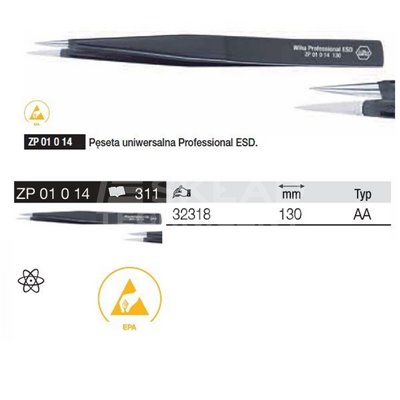 Pęseta uniwersalna Professional ESD ZP01014 AA 130mm Wiha 32318