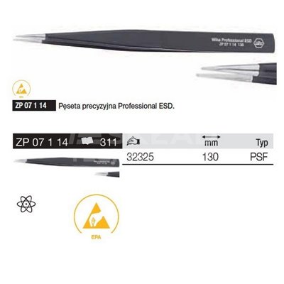 Professional ESD Precision Tweezers ZP07014 PSF 130mm Wiha 32325.