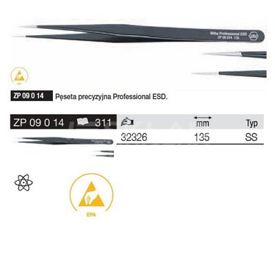 Professional ESD Precision Tweezers ZP09014 SS 135mm Wiha 32326.
