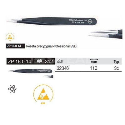 Professional ESD Precision Tweezers ZP16014 3c 110mm Wiha 32346