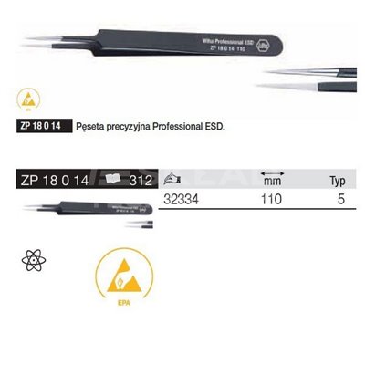 Professional ESD Precision Tweezers ZP18014 5 110mm Wiha 32334
