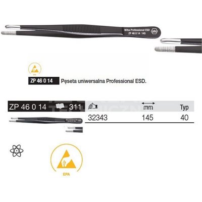 Professional ESD Universal Tweezers ZP46014 40 145mm Wiha 32343.
