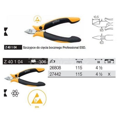 Professional ESD side cutting pliers Z40104 115mm in blister Wiha 27442.