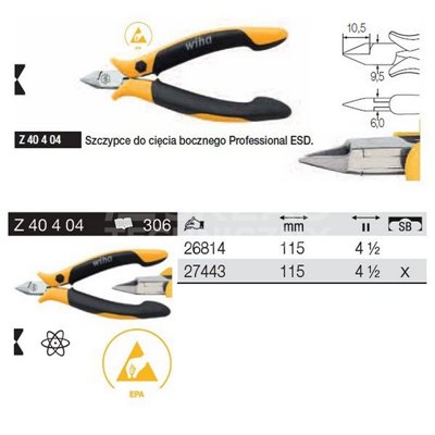 Professional ESD Z40404 115mm side cutting pliers in blister pack Wiha 27443.