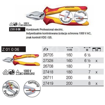 Professional electric VDE combination pliers Z01006 180mm in a Wiha 27418 blister pack.