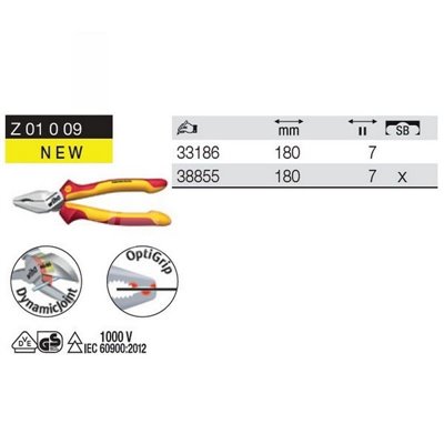 Universal Industrial Electric VDE Pliers Z01009 180mm in Wiha 38855 blister pack.