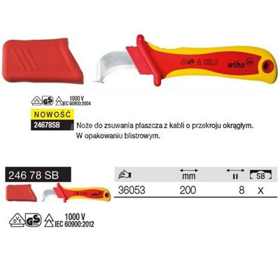 VDE 24678SB cable jacket stripper knife in Wiha 36053 blister pack.