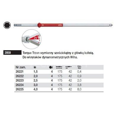 Hexagonal exchangeable shaft with spherical head Torque 2859 1.5x175mm Wiha 26221.