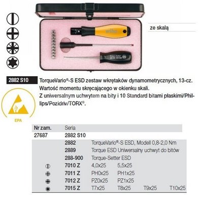 TorqueVario-S ESD 2882S10 PŁ/PH/PZ/Torx 13pcs. Wiha 27687 - set of TorqueVario-S ESD 2882S10 screwdrivers including Phillips, Po